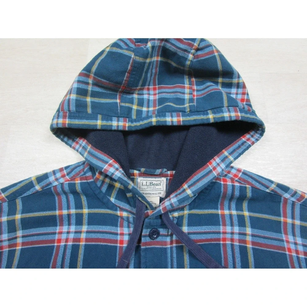 Vintage Y2K LL Bean Fleece Lined Flannel Full Zip Hoodie Mens (L) Plaid Workwear